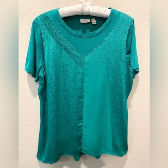 LOGO LORI GOLDSTEIN | Teal Mixed Fabric Short Sleeve Top | Medium - Picture 1 of 7